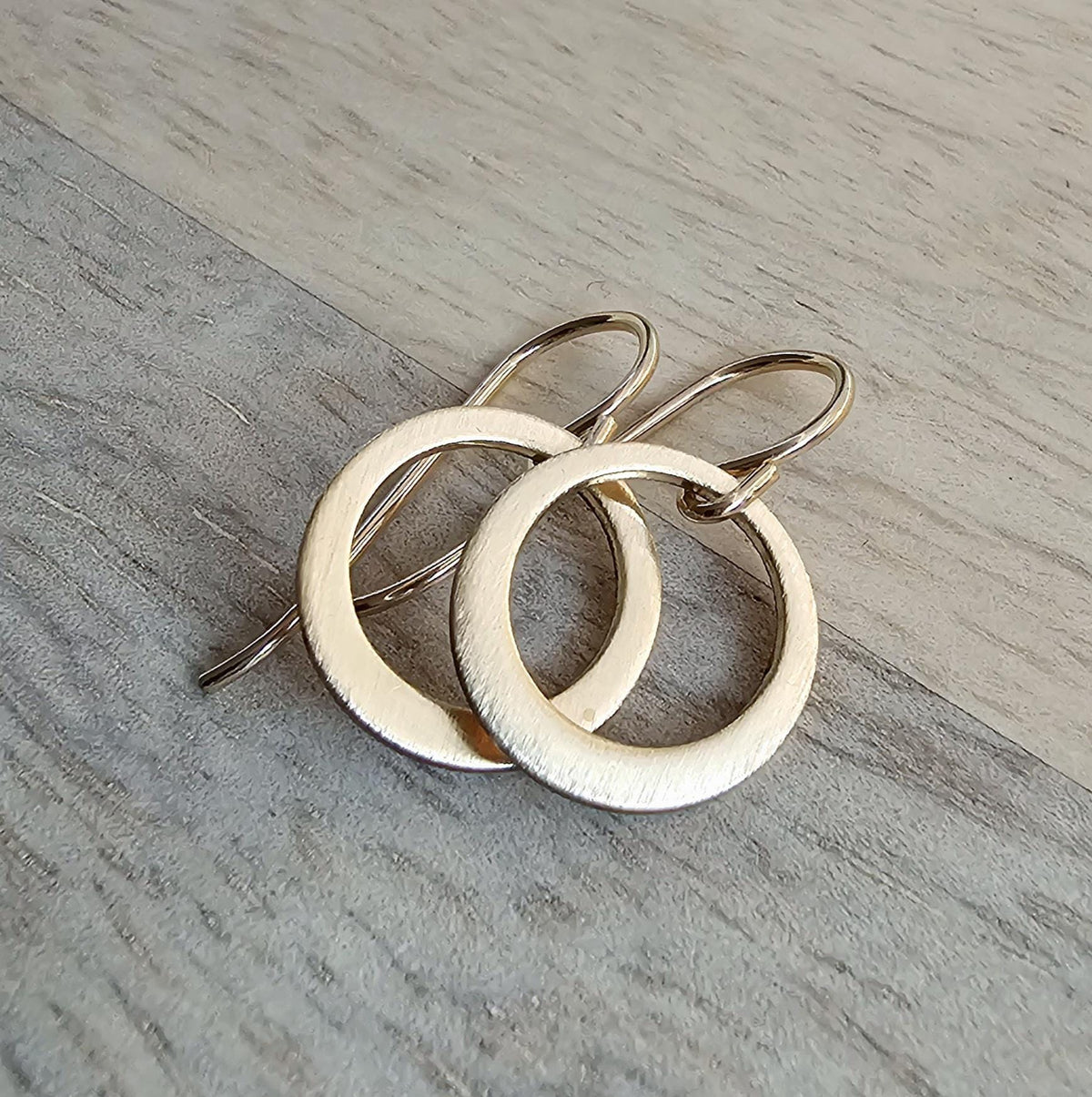 Brushed Dainty Gold Hoop Earrings, 14K Gold Filled Hand Cut Artisan Earrings on French Ear Wires, Made in USA by E. Ria Designs, Gift Boxed