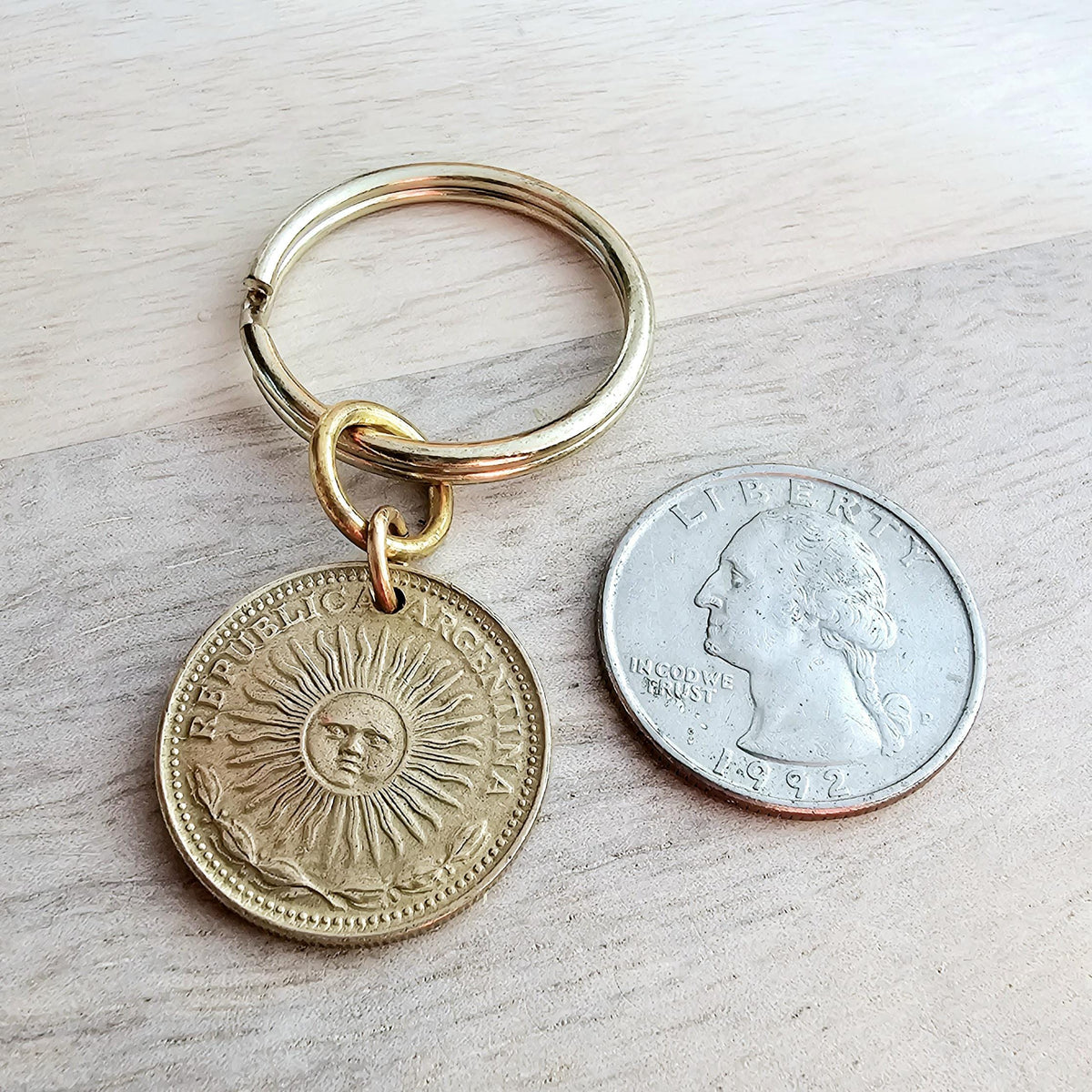 Argentina 1 Peso Gold Sun Coin, Brass Keyring, Keychain, Genuine Vintage Coin Gift, Made in USA, Gift Boxed, E. Ria Designs