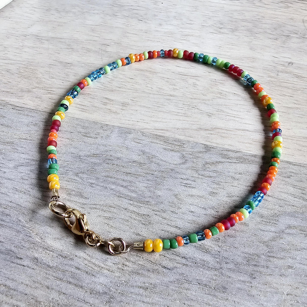 Multi-Colored Bright Glass Bead Bracelet, Red, Blue, Orange, Green 14K Gold Filled Lobster Clasp, E. Ria Designs, Artisan Made Jewelry