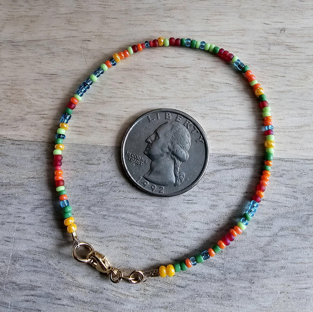 Multi-Colored Bright Glass Bead Bracelet, Red, Blue, Orange, Green 14K Gold Filled Lobster Clasp, E. Ria Designs, Artisan Made Jewelry