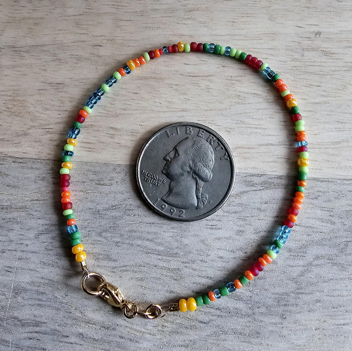 Multi-Colored Bright Glass Bead Bracelet, Red, Blue, Orange, Green 14K Gold Filled Lobster Clasp, E. Ria Designs, Artisan Made Jewelry