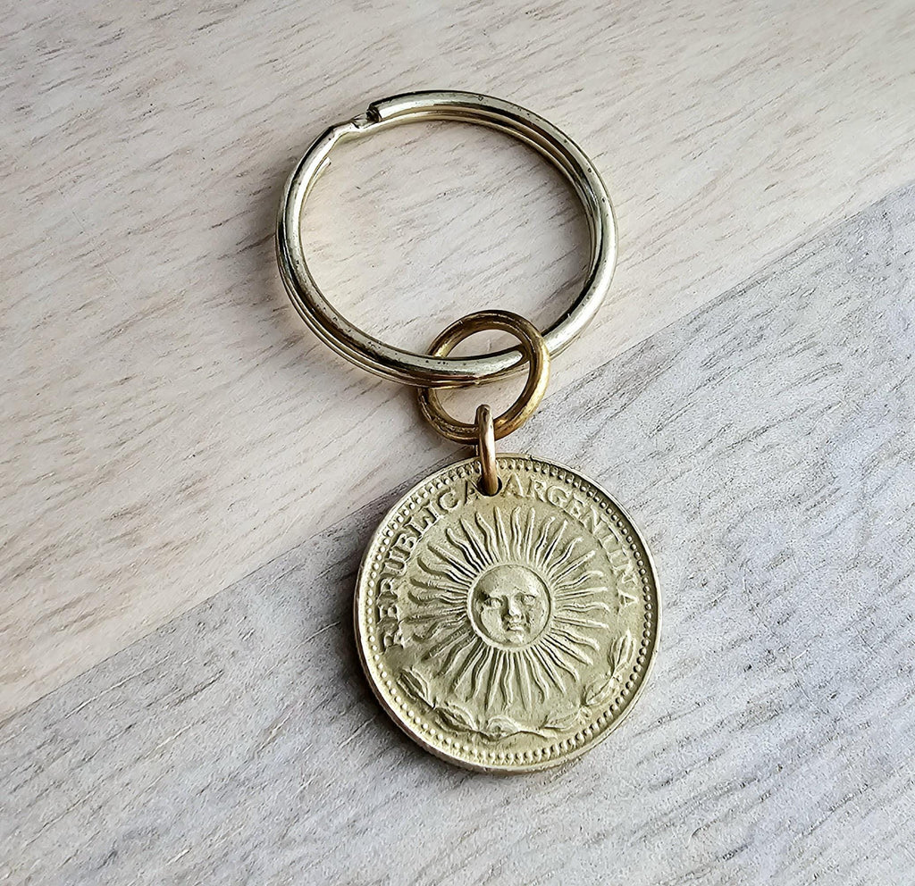 Argentina 1 Peso Gold Sun Coin, Brass Keyring, Keychain, Genuine Vintage Coin Gift, Made in USA, Gift Boxed, E. Ria Designs