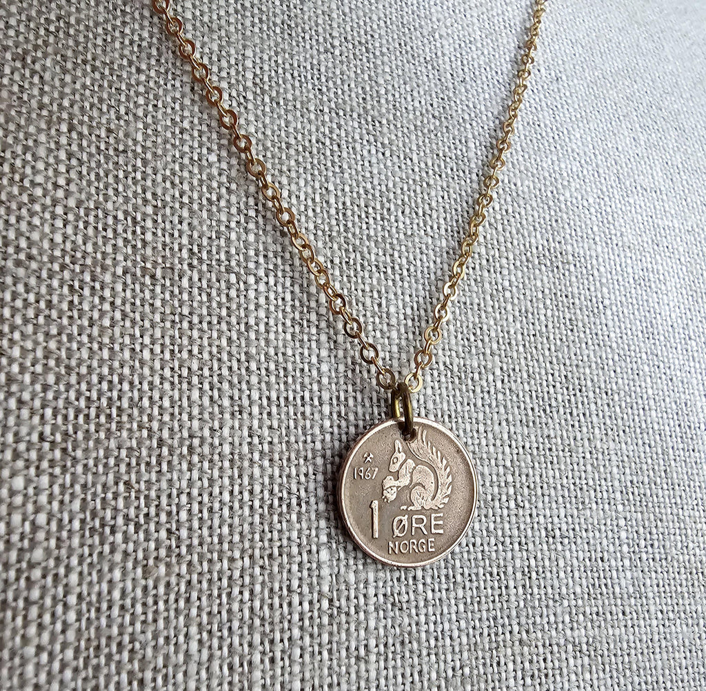 Squirrel Necklace, Crown Coin, Norway Squirrel Acorn Ore, Red Brass Cable Chain, Norwegian Gift, Handcrafted Artisan Jewelry E. Ria Designs