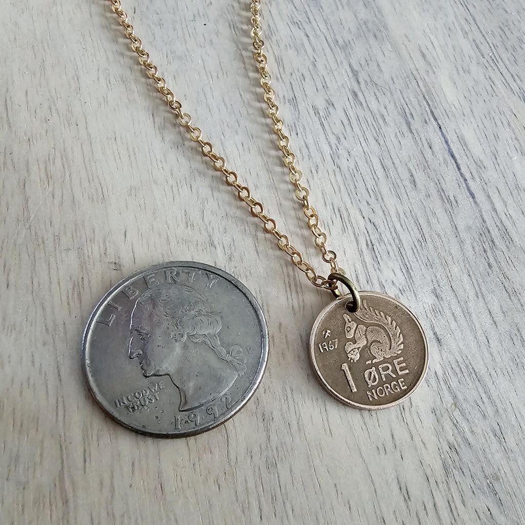 Squirrel Necklace, Crown Coin, Norway Squirrel Acorn Ore, Red Brass Cable Chain, Norwegian Gift, Handcrafted Artisan Jewelry E. Ria Designs