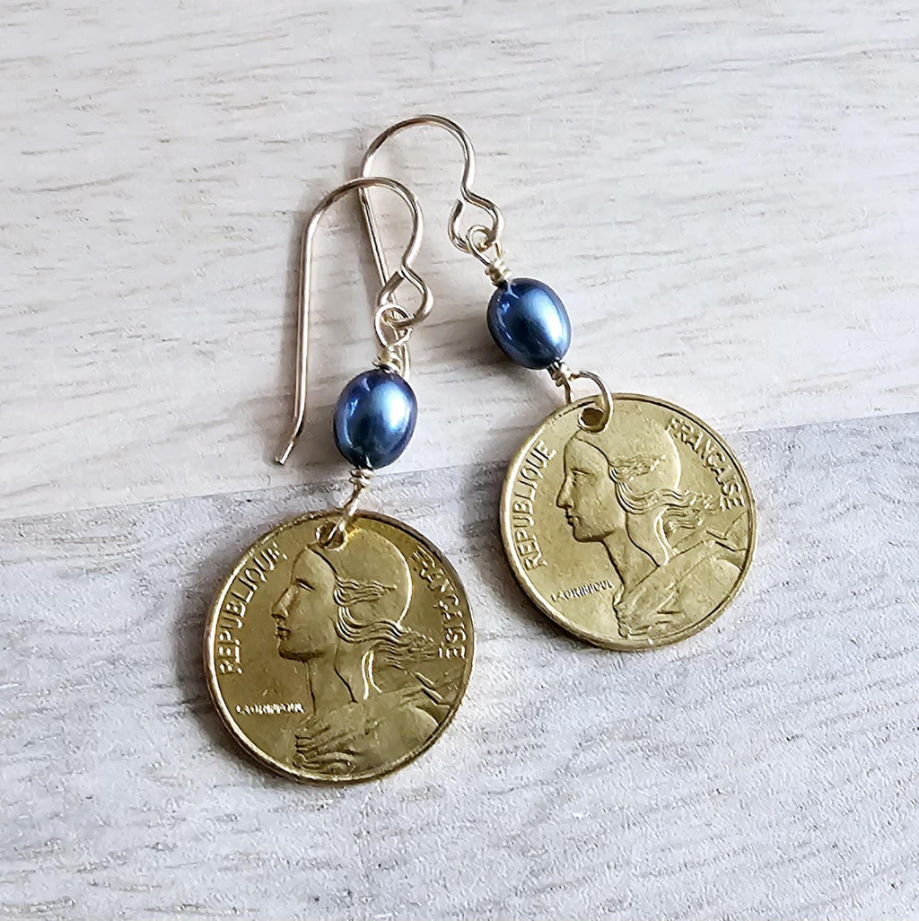 French Coin Earrings, Woman's Silhouette Gold France Five Centimes and Bronze Ear Wire, Blue Pearls, Handcrafted in USA by E. Ria Designs