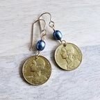 French Coin Earrings, Woman's Silhouette Gold France Five Centimes and Bronze Ear Wire, Blue Pearls, Handcrafted in USA by E. Ria Designs
