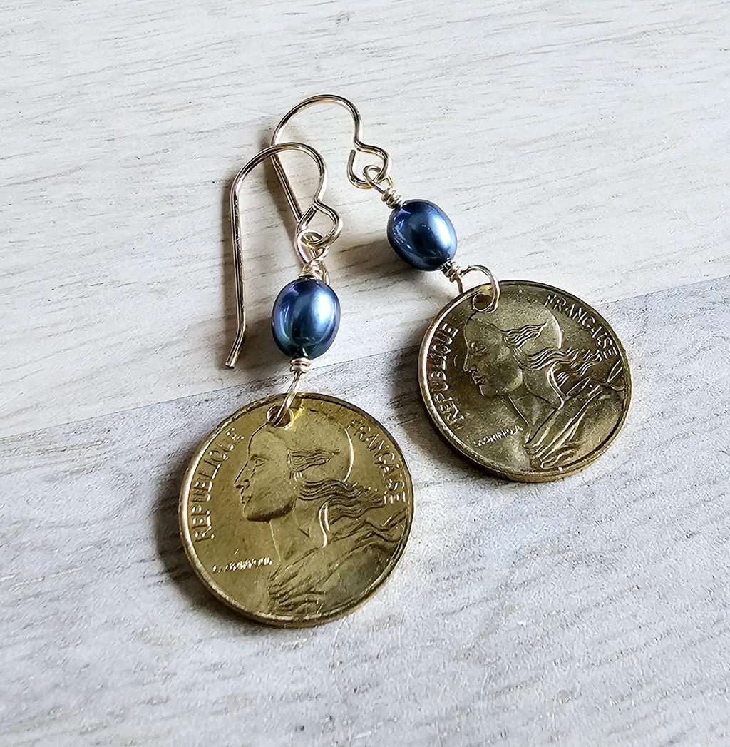 French Coin Earrings, Woman's Silhouette Gold France Five Centimes and Bronze Ear Wire, Blue Pearls, Handcrafted in USA by E. Ria Designs