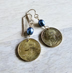 French Coin Earrings, Woman's Silhouette Gold France Five Centimes and Bronze Ear Wire, Blue Pearls, Handcrafted in USA by E. Ria Designs
