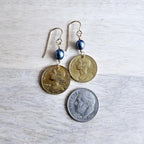 French Coin Earrings, Woman's Silhouette Gold France Five Centimes and Bronze Ear Wire, Blue Pearls, Handcrafted in USA by E. Ria Designs