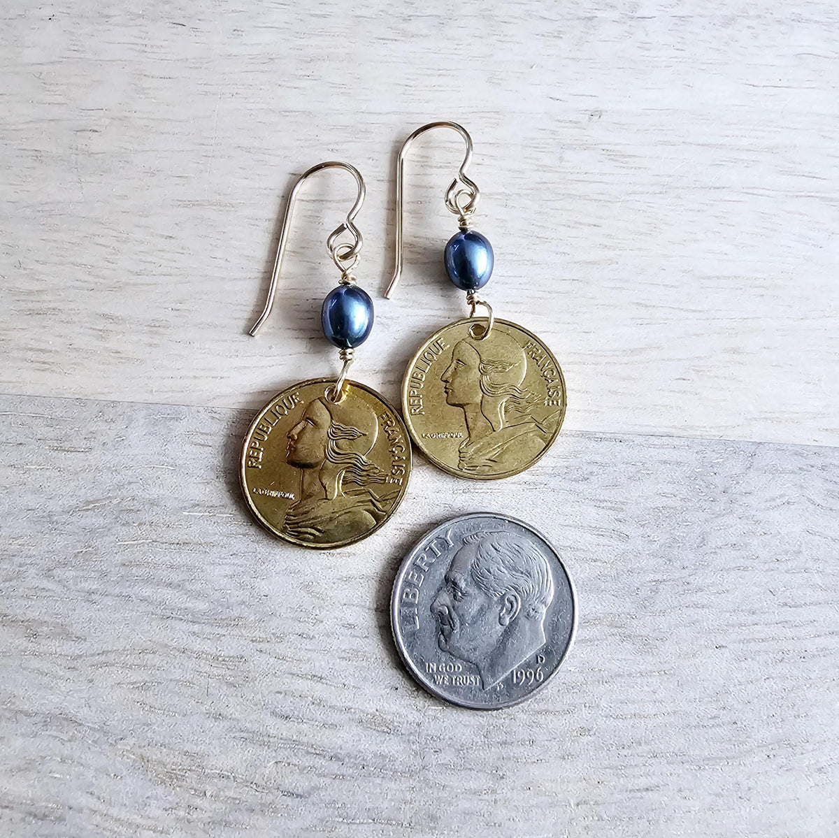 French Coin Earrings, Woman's Silhouette Gold France Five Centimes and Bronze Ear Wire, Blue Pearls, Handcrafted in USA by E. Ria Designs