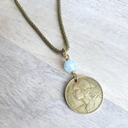 French Coin & Genuine Aquamarine Necklace, Brass Chain, Marianne, March Birthstone, Gift Boxed, Handmade in USA Eriadesigns