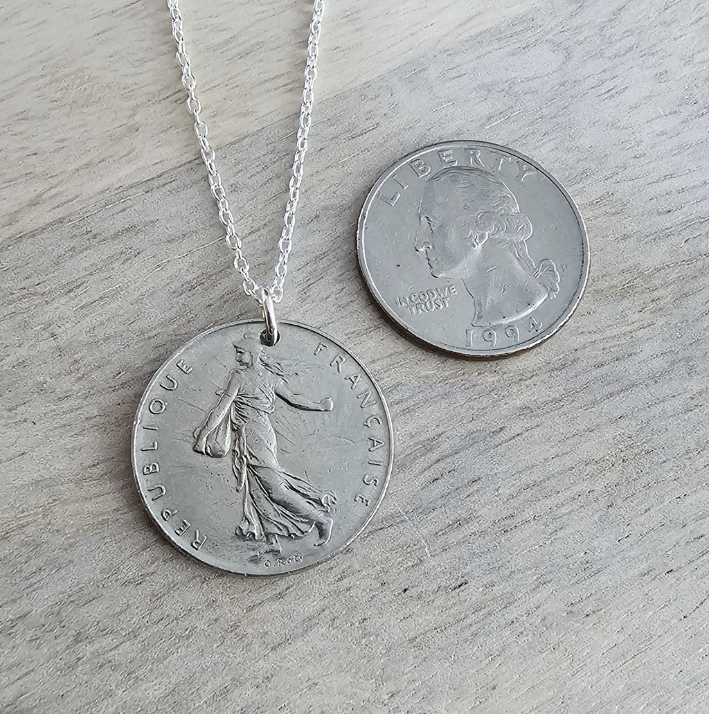 Vintage French Coin Necklace, 925 Sterling Silver Chain, 1 Franc Sower, Woman, Sunrise, Old France Currency, Made in USA, E. Ria Designs