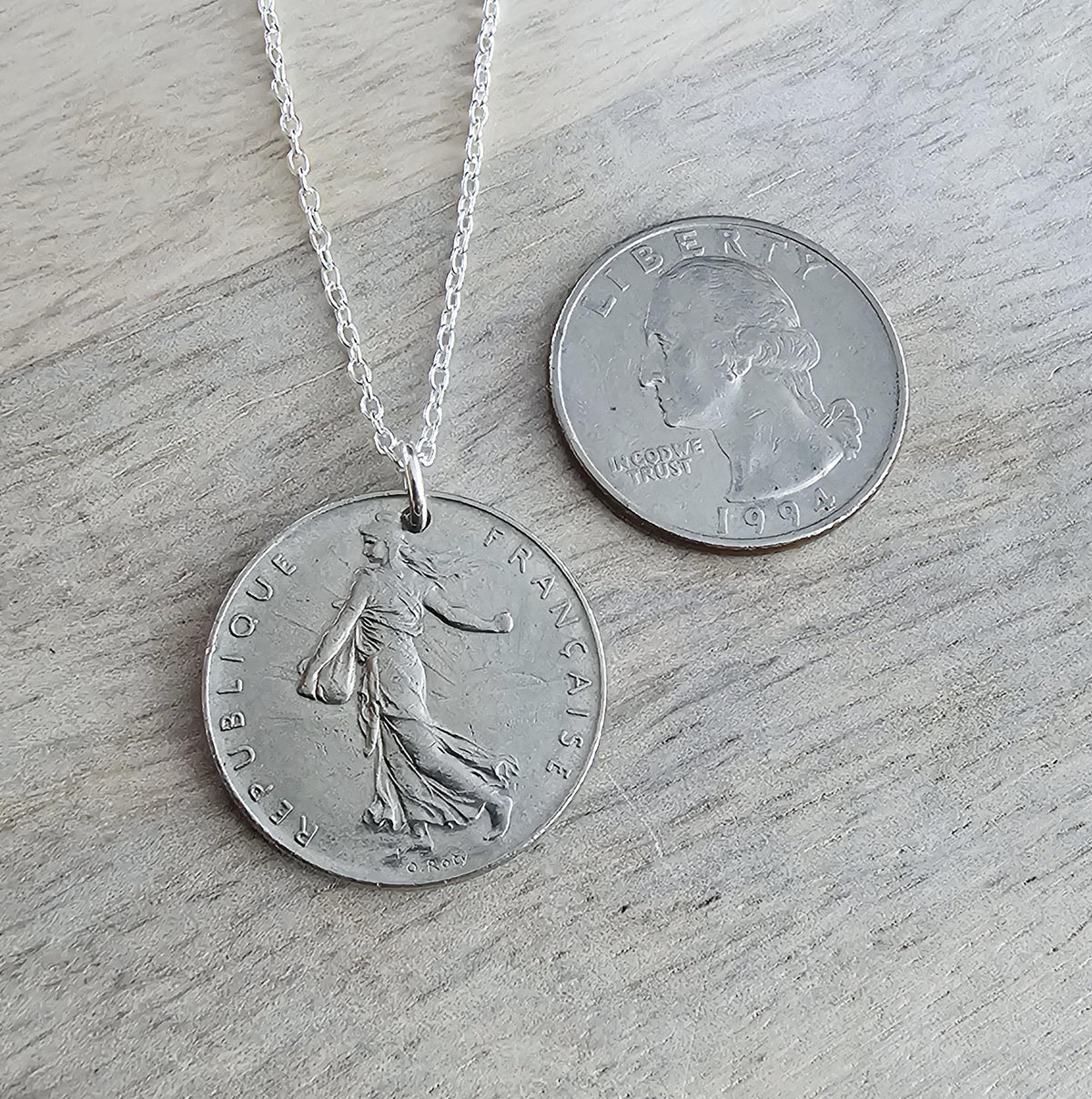 Vintage French Coin Necklace, 925 Sterling Silver Chain, 1 Franc Sower, Woman, Sunrise, Old France Currency, Made in USA, E. Ria Designs