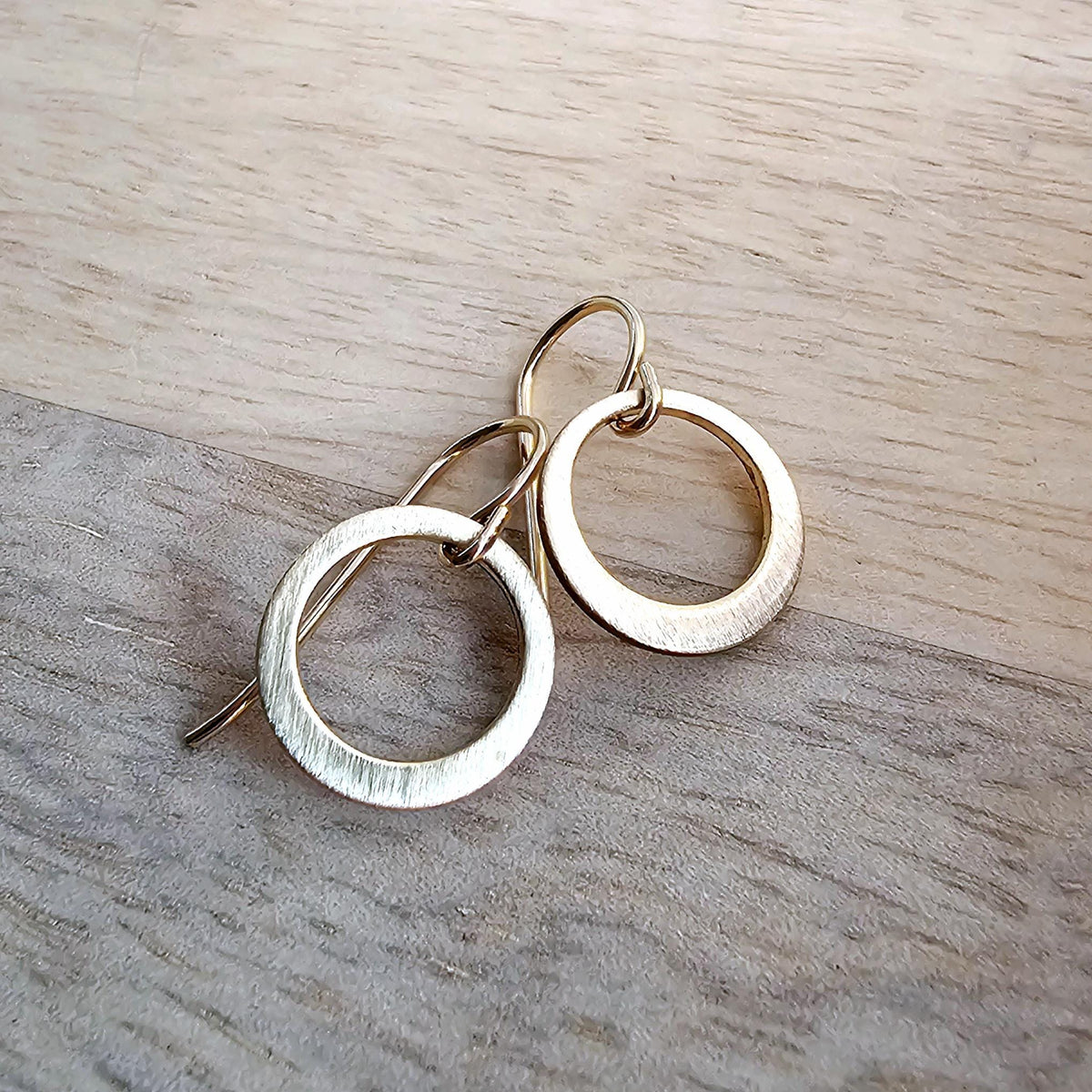 Brushed Dainty Gold Hoop Earrings, 14K Gold Filled Hand Cut Artisan Earrings on French Ear Wires, Made in USA by E. Ria Designs, Gift Boxed
