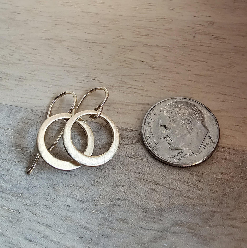 Brushed Dainty Gold Hoop Earrings, 14K Gold Filled Hand Cut Artisan Earrings on French Ear Wires, Made in USA by E. Ria Designs, Gift Boxed
