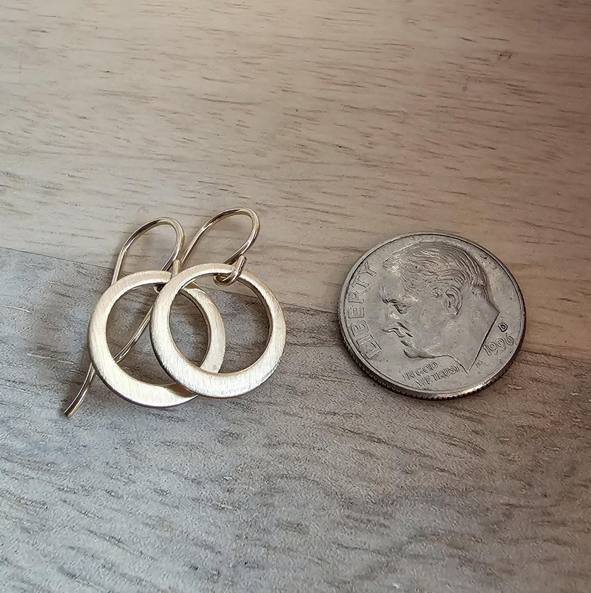 Brushed Dainty Gold Hoop Earrings, 14K Gold Filled Hand Cut Artisan Earrings on French Ear Wires, Made in USA by E. Ria Designs, Gift Boxed