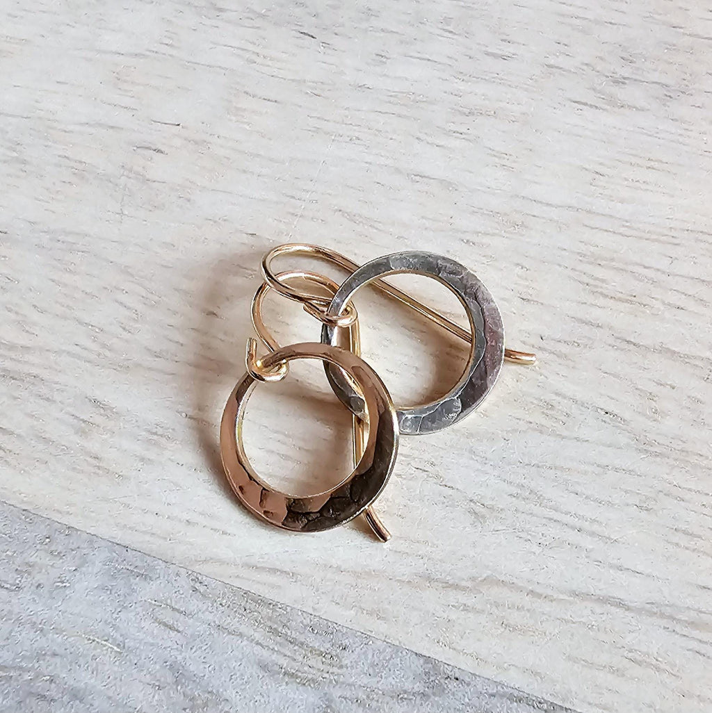 Hammered Dainty Gold Hoop Earrings, 14K Gold Filled Hand Cut Artisan Earrings on French Ear Wires, Made in USA by E. Ria Designs, Gift Boxed