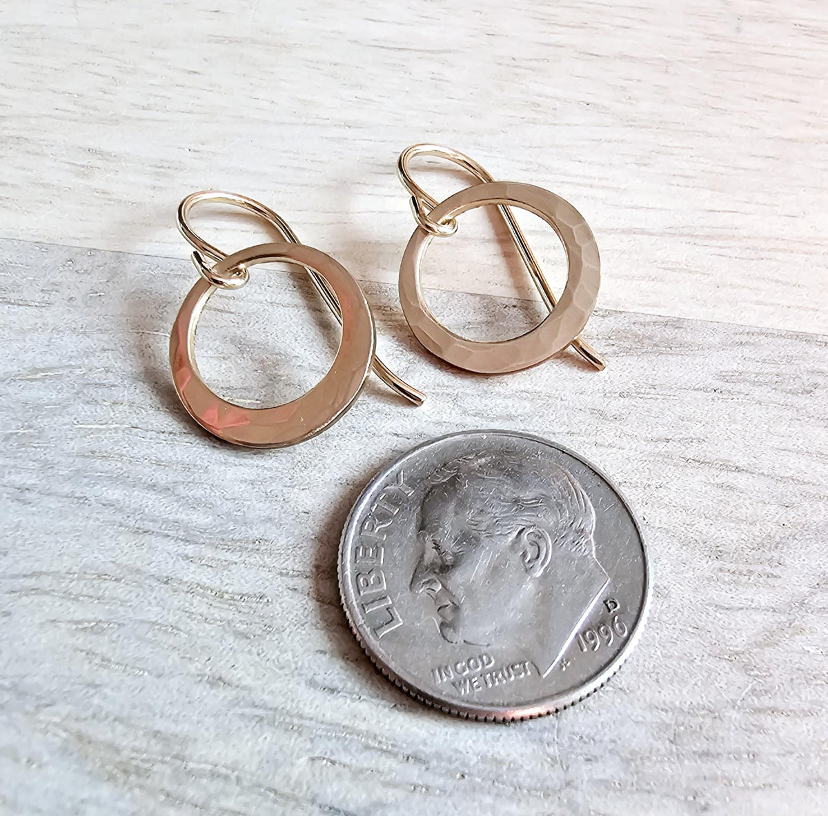 Hammered Dainty Gold Hoop Earrings, 14K Gold Filled Hand Cut Artisan Earrings on French Ear Wires, Made in USA by E. Ria Designs, Gift Boxed