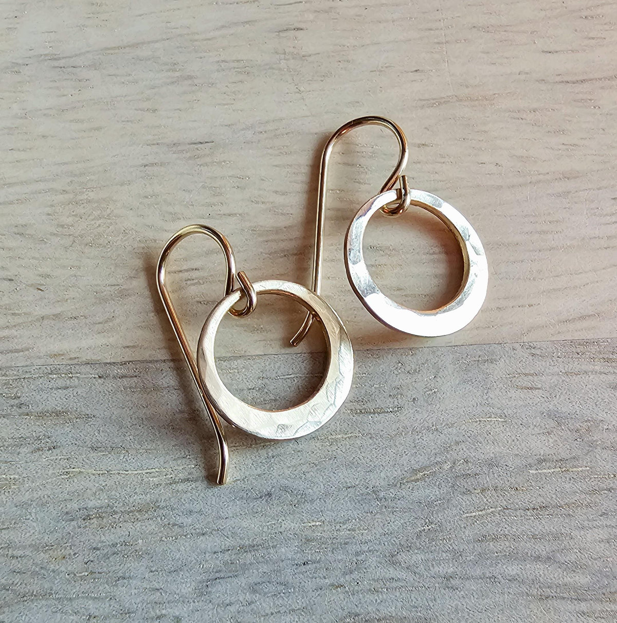 Hammered Dainty Gold Hoop Earrings, 14K Gold Filled Hand Cut Artisan Earrings on French Ear Wires, Made in USA by E. Ria Designs, Gift Boxed