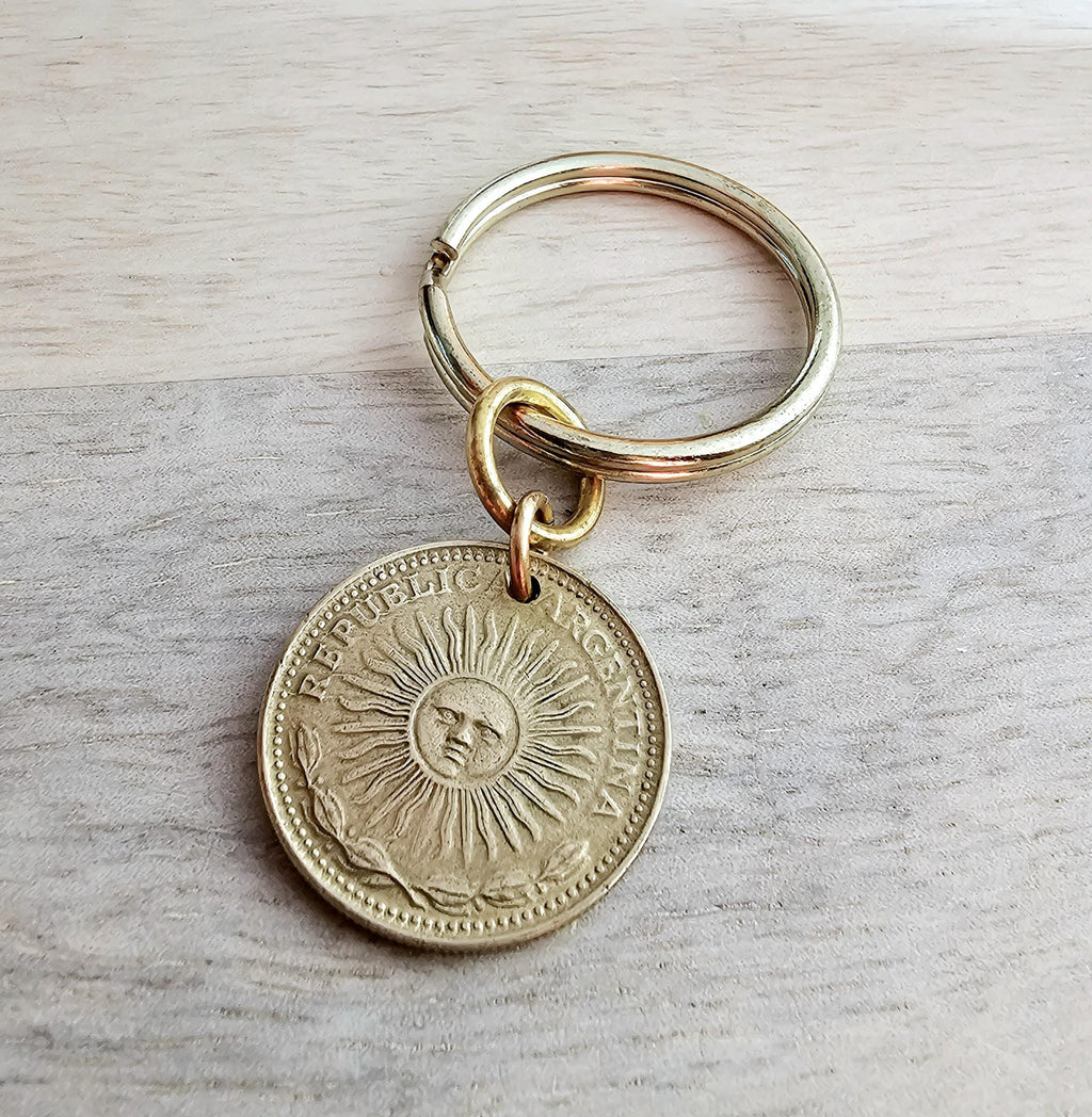 Argentina 1 Peso Gold Sun Coin, Brass Keyring, Keychain, Genuine Vintage Coin Gift, Made in USA, Gift Boxed, E. Ria Designs