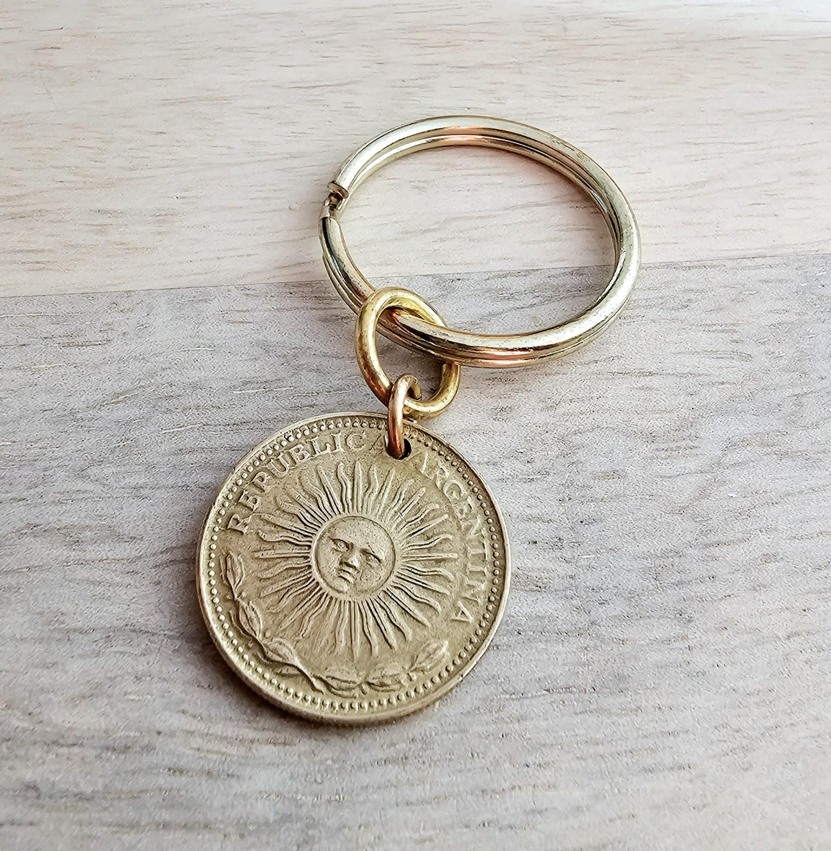 Argentina 1 Peso Gold Sun Coin, Brass Keyring, Keychain, Genuine Vintage Coin Gift, Made in USA, Gift Boxed, E. Ria Designs