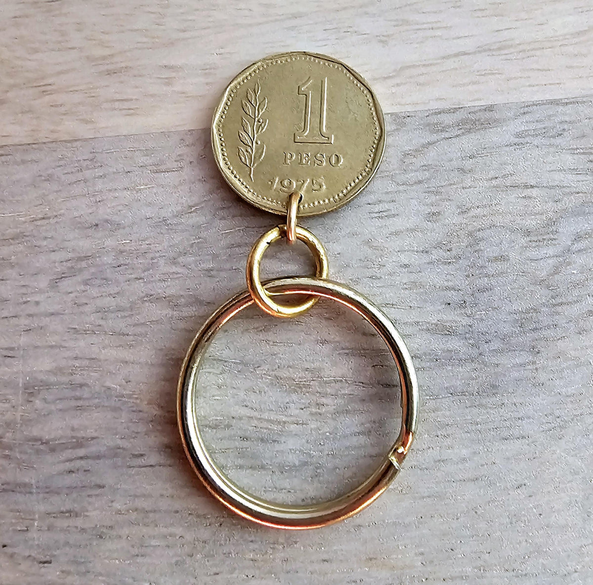 Argentina 1 Peso Gold Sun Coin, Brass Keyring, Keychain, Genuine Vintage Coin Gift, Made in USA, Gift Boxed, E. Ria Designs