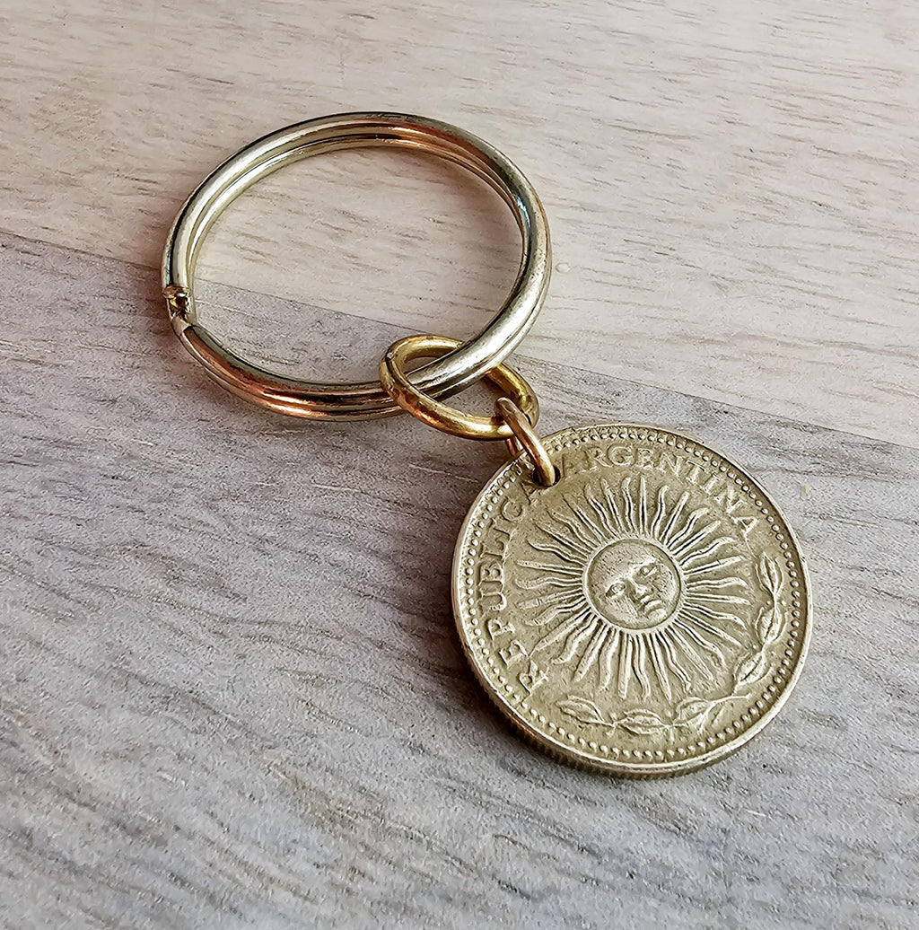 Argentina 1 Peso Gold Sun Coin, Brass Keyring, Keychain, Genuine Vintage Coin Gift, Made in USA, Gift Boxed, E. Ria Designs