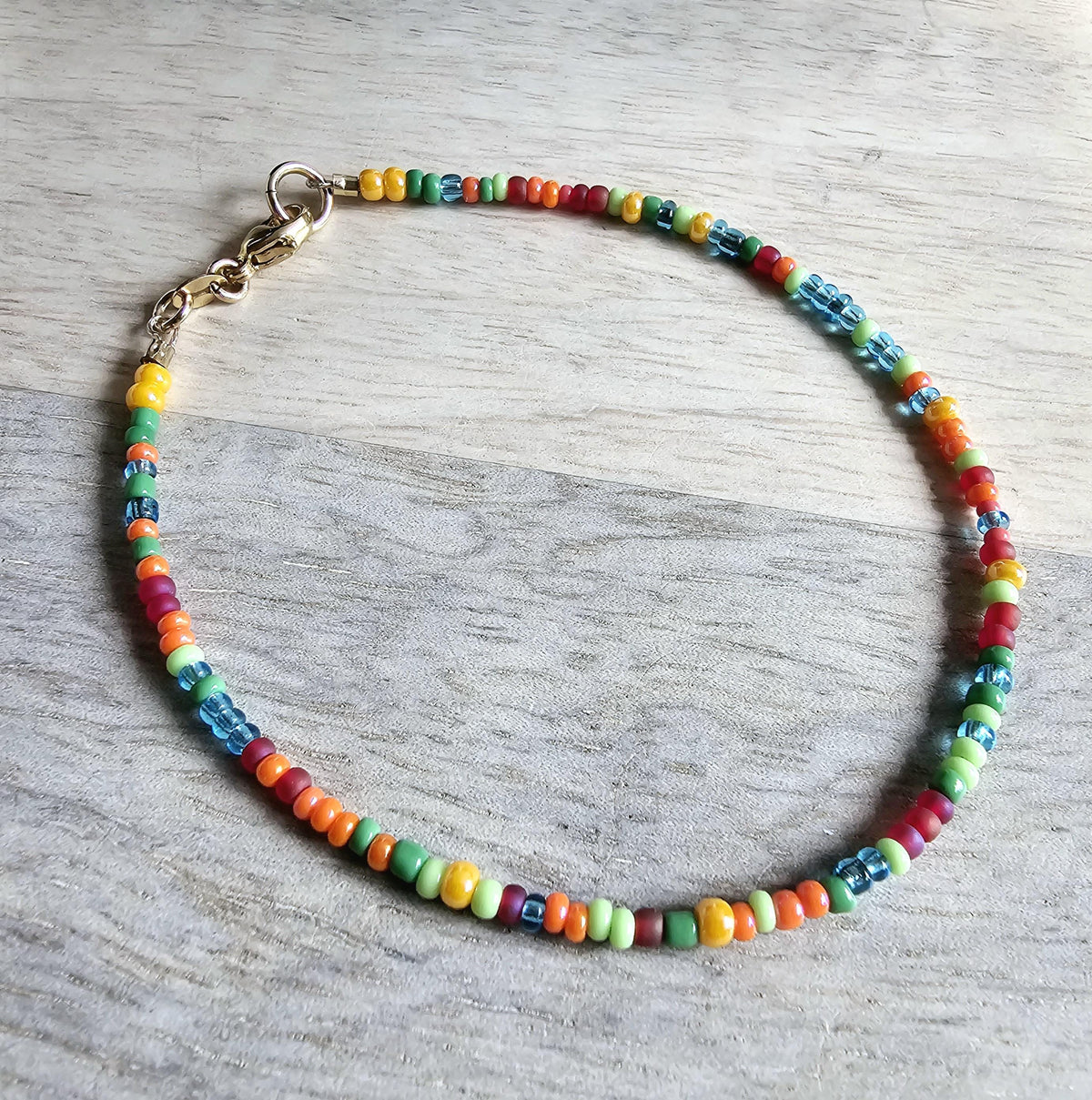 Multi-Colored Bright Glass Bead Bracelet, Red, Blue, Orange, Green 14K Gold Filled Lobster Clasp, E. Ria Designs, Artisan Made Jewelry