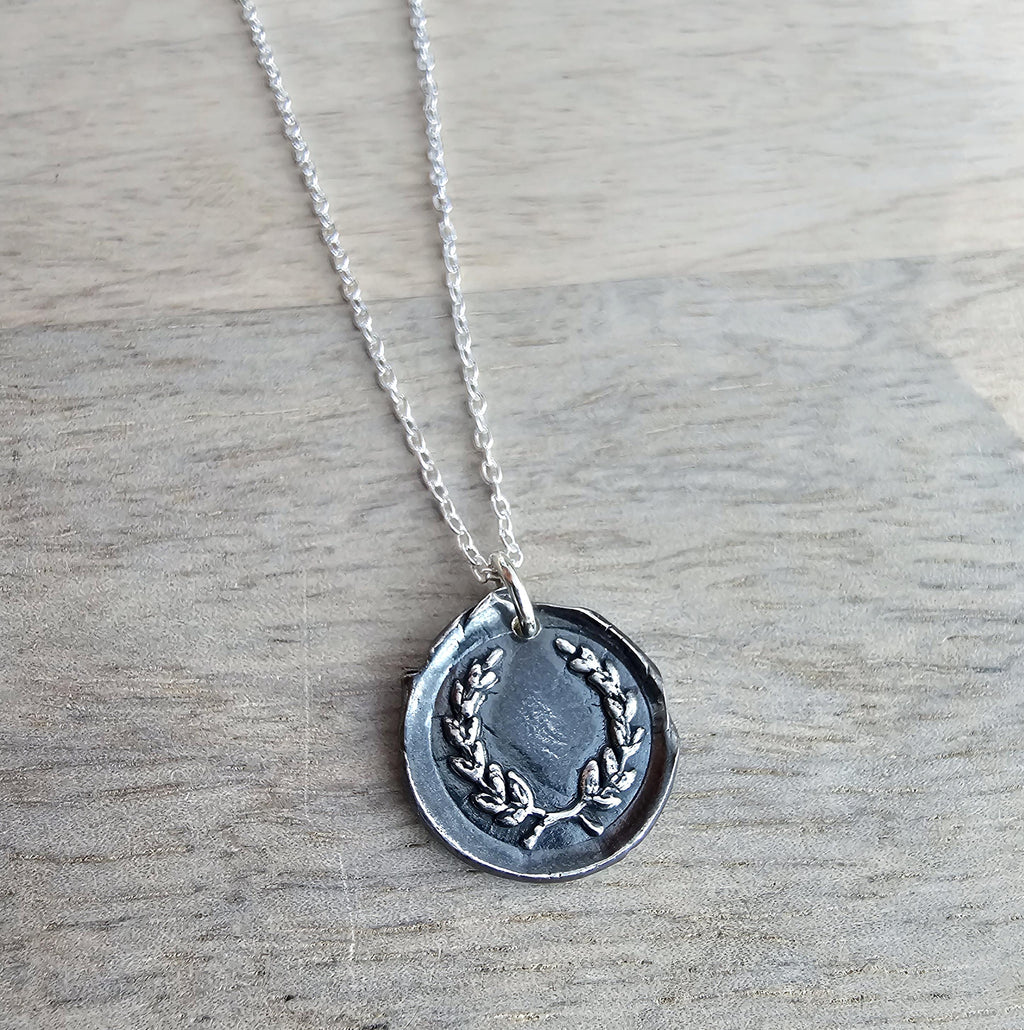 Laurel Wreath Wax Seal .999 Fine Silver Charm Necklace, Chunky Oxidized Pendant, Anniversary or Birthday Gift Boxed, Hand Crafted in USA