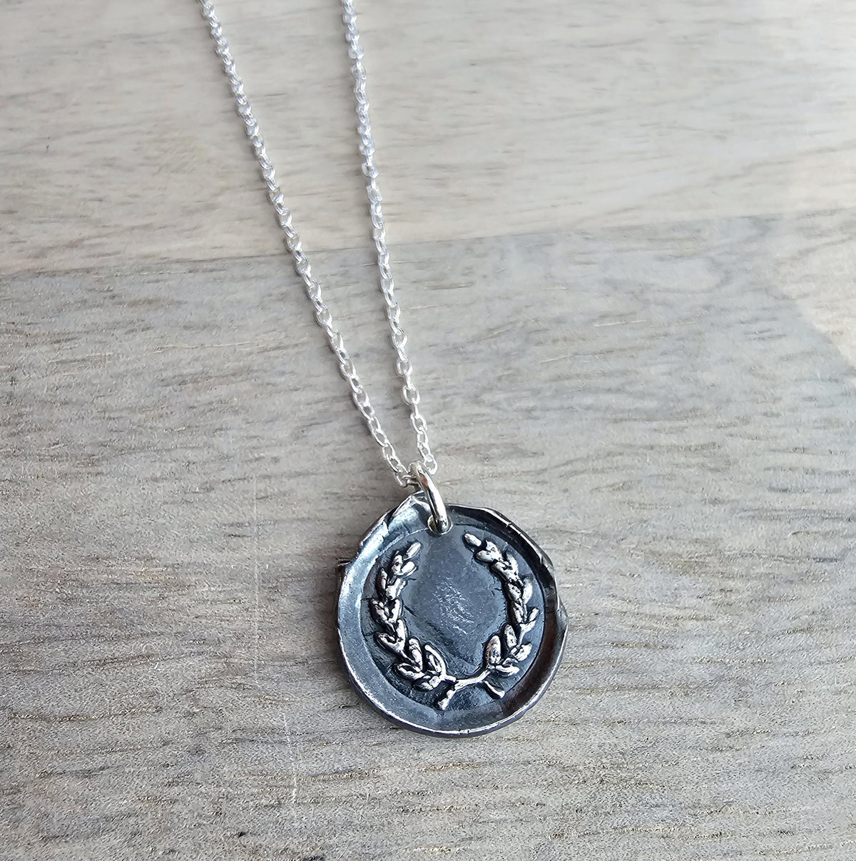 Laurel Wreath Wax Seal .999 Fine Silver Charm Necklace, Chunky Oxidized Pendant, Anniversary or Birthday Gift Boxed, Hand Crafted in USA