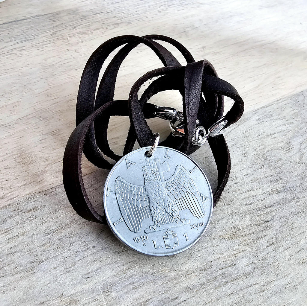 Old Italia Coin Necklace, Genuine Italy 1 Lira, Italian 1940 Eagle, Brown Deerskin Leather, Sterling Silver Clasp, Gift Boxed, E Ria Designs