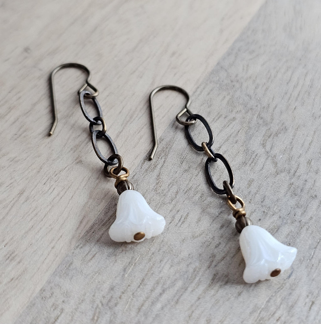 White Floral Czech Glass Earrings, Antiqued (Oxidized) U.S. Made Brass Ear Wire, Chain, Milky White Flower Beads, Gift Boxed, Made in USA