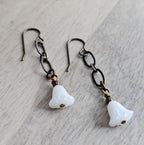 White Floral Czech Glass Earrings, Antiqued (Oxidized) U.S. Made Brass Ear Wire, Chain, Milky White Flower Beads, Gift Boxed, Made in USA