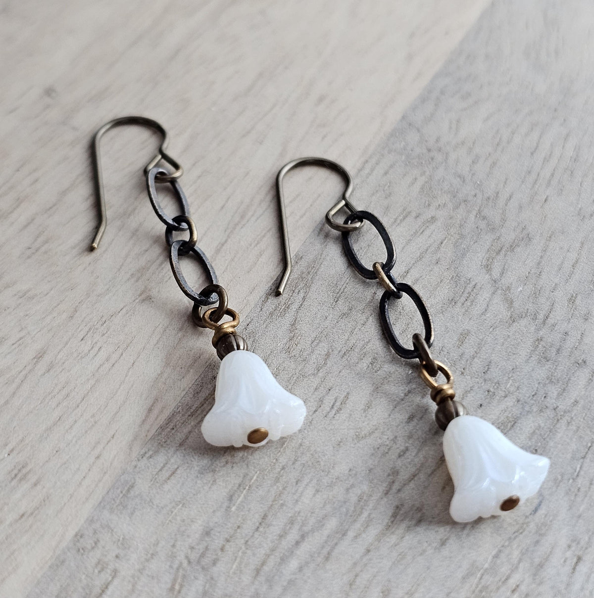 White Floral Czech Glass Earrings, Antiqued (Oxidized) U.S. Made Brass Ear Wire, Chain, Milky White Flower Beads, Gift Boxed, Made in USA