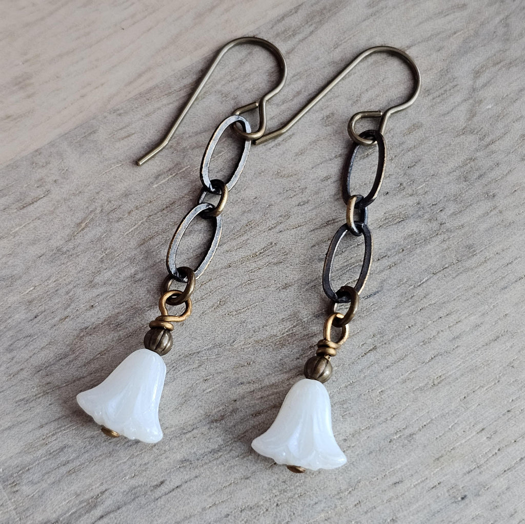 White Floral Czech Glass Earrings, Antiqued (Oxidized) U.S. Made Brass Ear Wire, Chain, Milky White Flower Beads, Gift Boxed, Made in USA