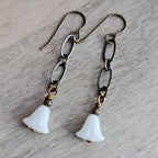 White Floral Czech Glass Earrings, Antiqued (Oxidized) U.S. Made Brass Ear Wire, Chain, Milky White Flower Beads, Gift Boxed, Made in USA