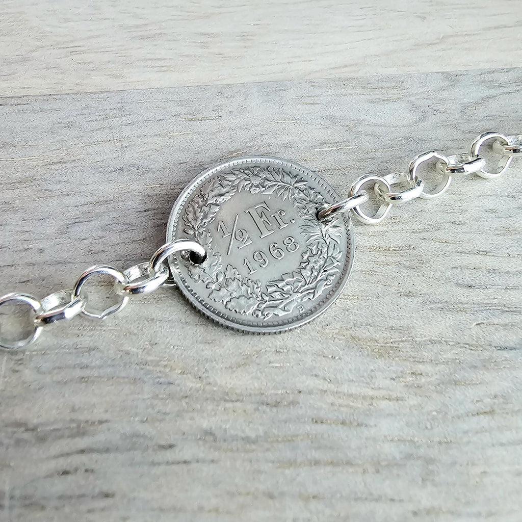 1968 Half Franc Swiss Coin Bracelet, Sterling Silver Rolo Chain, Lobster Claw Clasp, Gift Box, Switzerland Gift, Made in USA E. Ria Designs