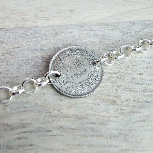 1968 Half Franc Swiss Coin Bracelet, Sterling Silver Rolo Chain, Lobster Claw Clasp, Gift Box, Switzerland Gift, Made in USA E. Ria Designs