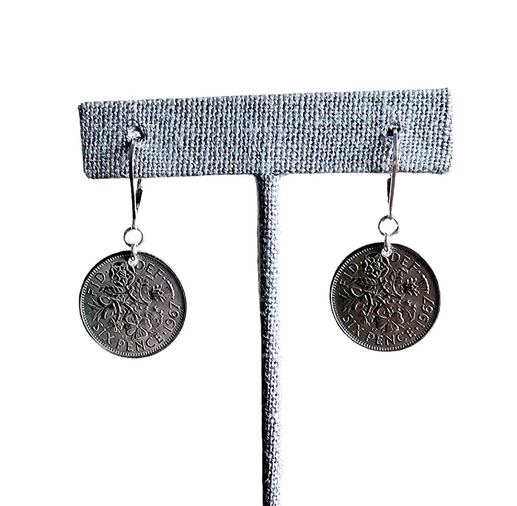 1967 British Six Pence Vintage Coin Earrings, Leek, Rose, Thistle, Shamrock,.925 Sterling Silver Lever Back, Made in USA, E. Ria Designs