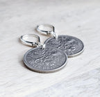 1967 British Six Pence Vintage Coin Earrings, Leek, Rose, Thistle, Shamrock,.925 Sterling Silver Lever Back, Made in USA, E. Ria Designs
