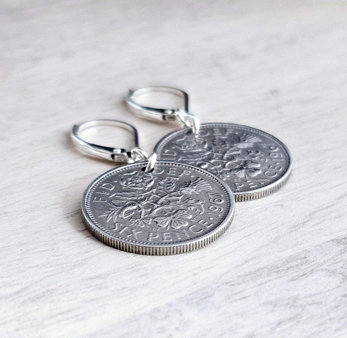 1967 British Six Pence Vintage Coin Earrings, Leek, Rose, Thistle, Shamrock,.925 Sterling Silver Lever Back, Made in USA, E. Ria Designs
