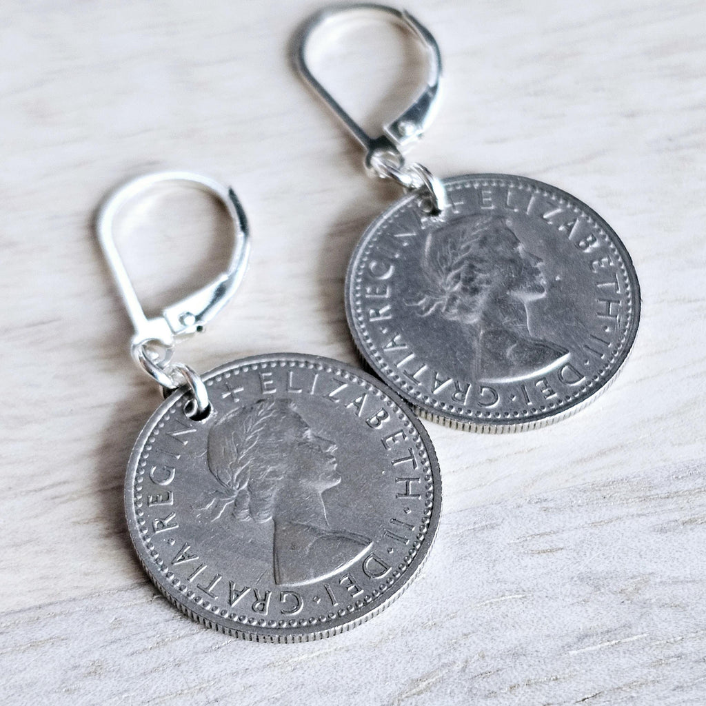 1967 British Six Pence Vintage Coin Earrings, Leek, Rose, Thistle, Shamrock,.925 Sterling Silver Lever Back, Made in USA, E. Ria Designs