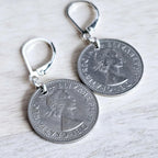1967 British Six Pence Vintage Coin Earrings, Leek, Rose, Thistle, Shamrock,.925 Sterling Silver Lever Back, Made in USA, E. Ria Designs