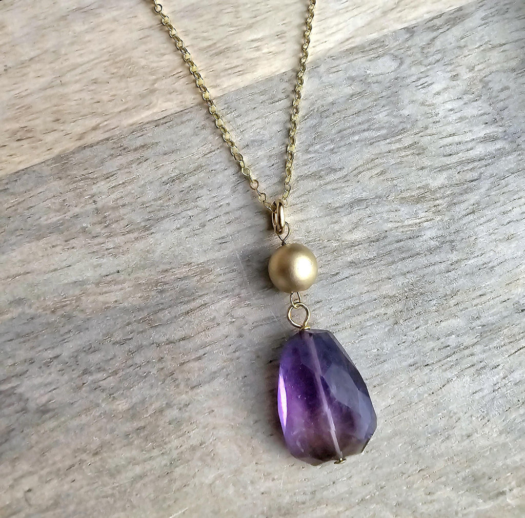 Genuine Amethyst and 14K Gold Filled Pendant Necklace, February Birthstone, Gift Boxed Birthday Gift, Handmade in USA by E. Ria Designs