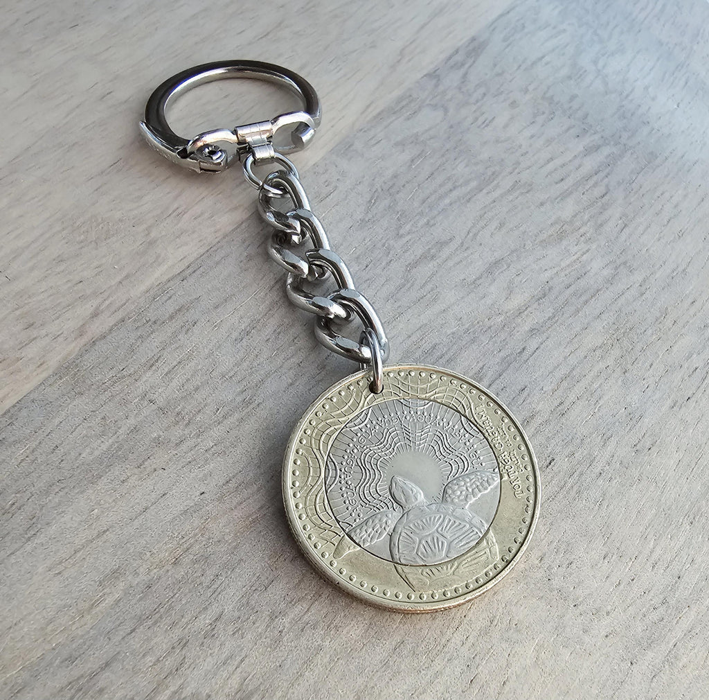 Sea Turtle Keychain, Old Coin Keyring, Colombia 1000 Pesos, Bi-Color Metal Silver Gold, Birthday Gift, Handcrafted in USA by E. Ria Designs