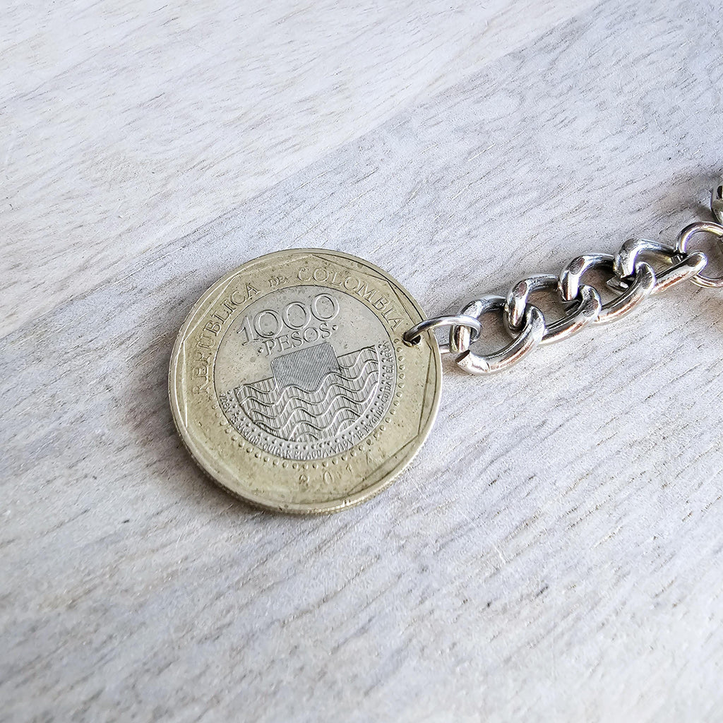 Sea Turtle Keychain, Old Coin Keyring, Colombia 1000 Pesos, Bi-Color Metal Silver Gold, Birthday Gift, Handcrafted in USA by E. Ria Designs
