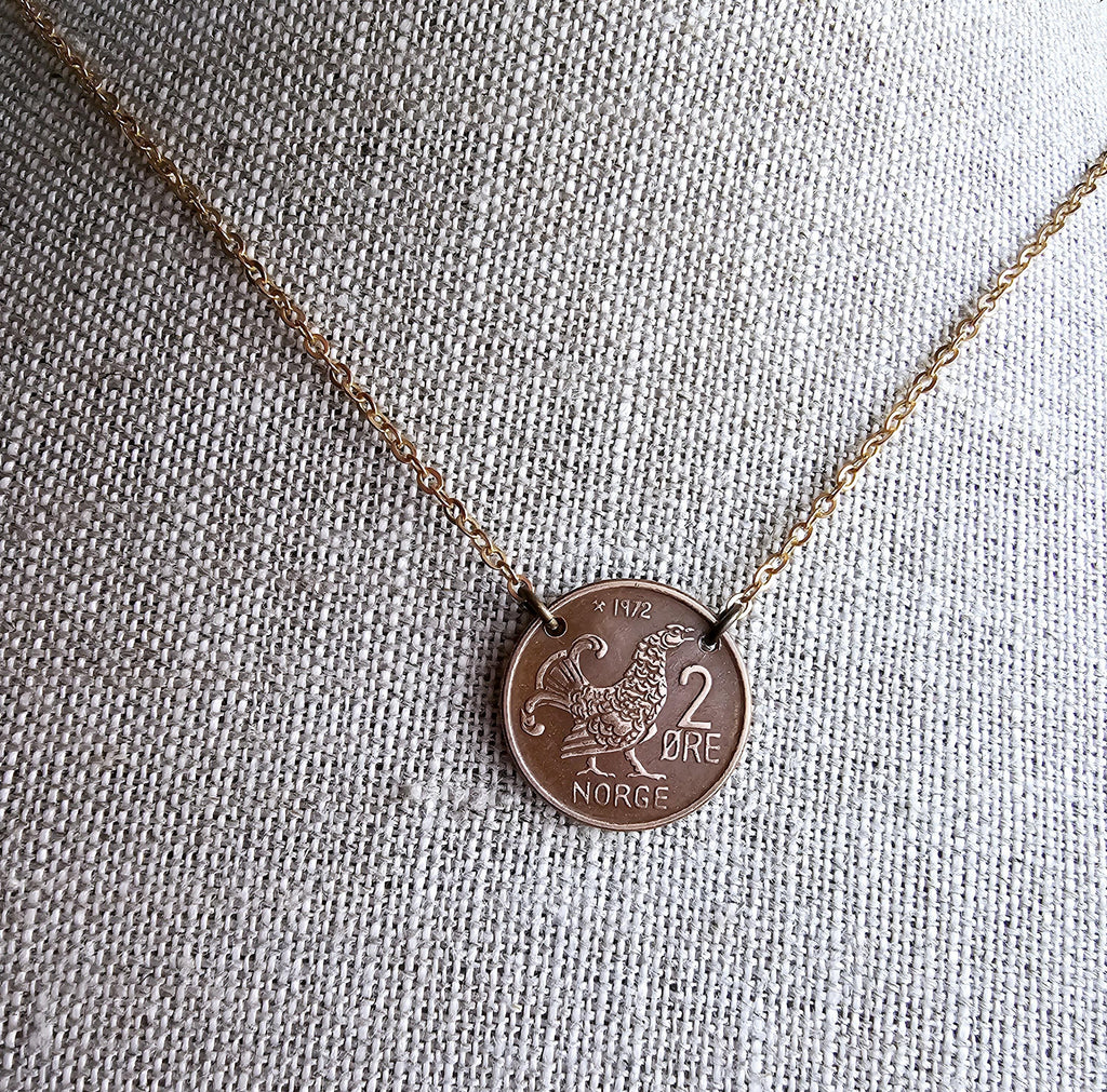 Chicken Coin Necklace, Crown Coin, Norway 2 Ore Moor Hen, Mint Dates Vary, Red Brass Cable Chain, Handmade Artisan Jewelry E. Ria Designs