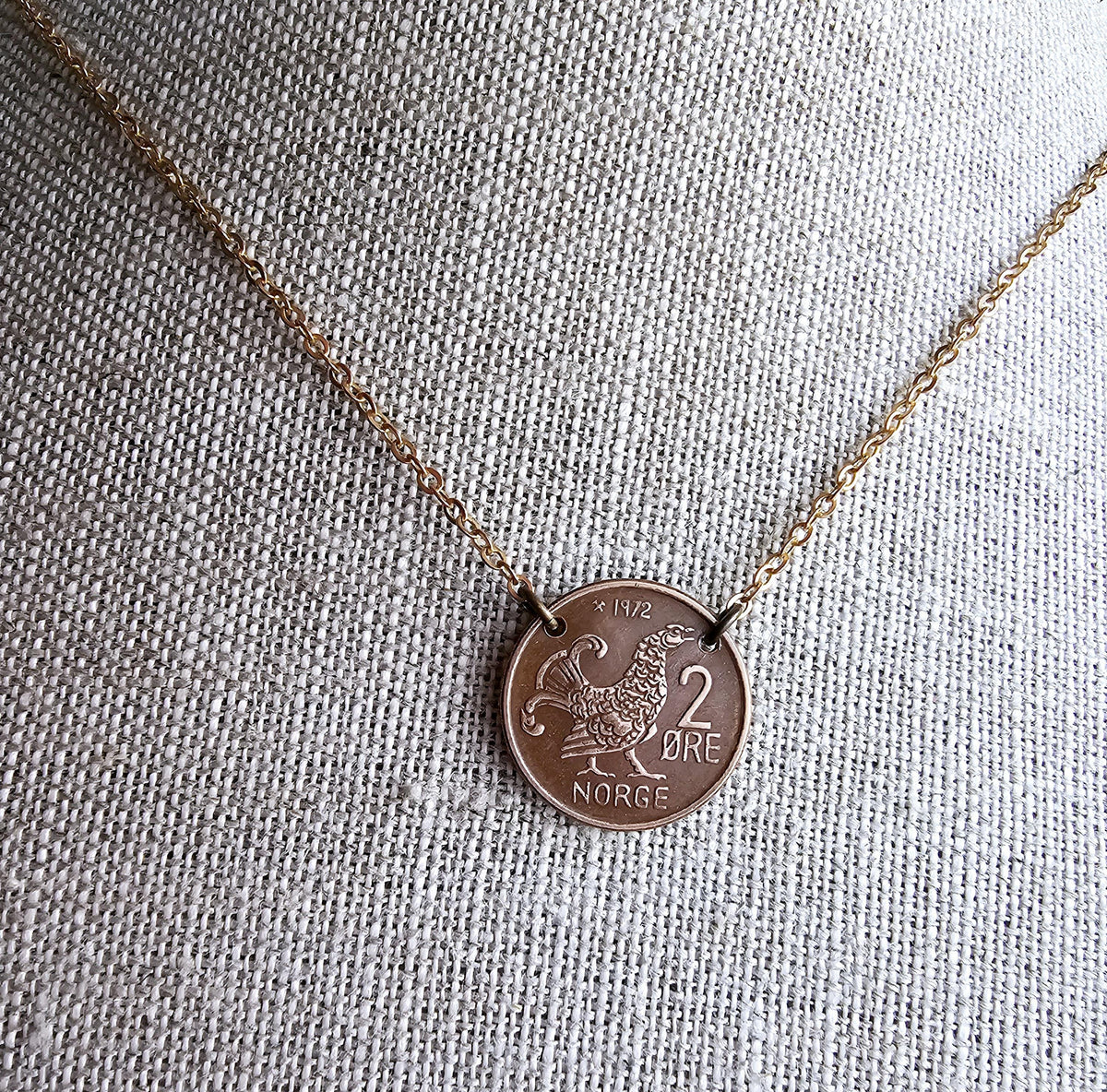 Chicken Coin Necklace, Crown Coin, Norway 2 Ore Moor Hen, Mint Dates Vary, Red Brass Cable Chain, Handmade Artisan Jewelry E. Ria Designs