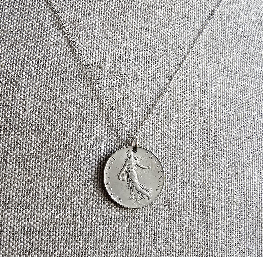 Vintage French Coin Necklace, 925 Sterling Silver Chain, 1 Franc Sower, Woman, Sunrise, Old France Currency, Made in USA, E. Ria Designs