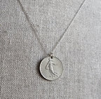 Vintage French Coin Necklace, 925 Sterling Silver Chain, 1 Franc Sower, Woman, Sunrise, Old France Currency, Made in USA, E. Ria Designs
